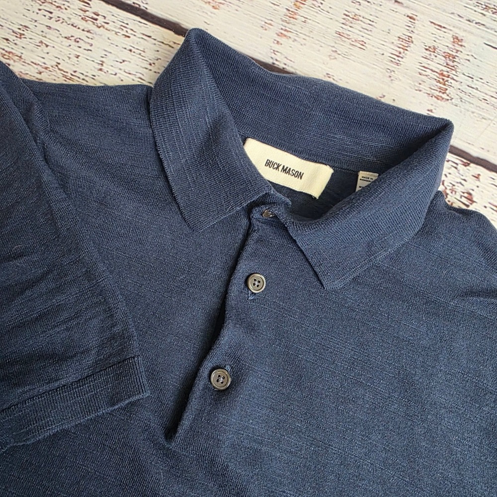 Buck Mason Avalon Knit Polo Shirt Mens Medium Navy Blue Cotton Short Sleeve